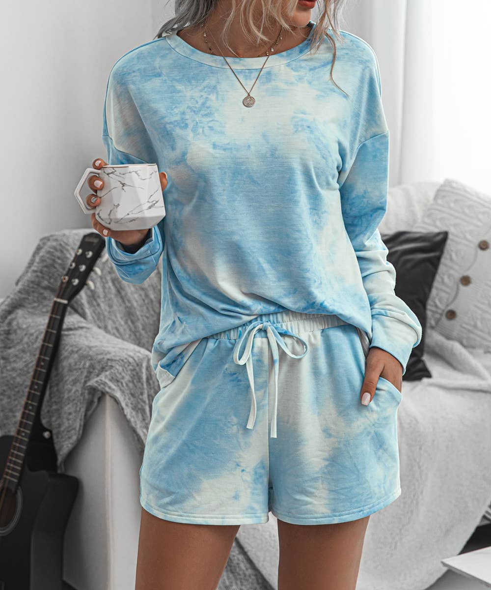Blue Tie Dye Long Sleeves T-shirt and Shorts Sets