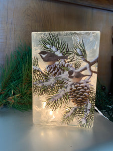 Chickadees in Pine Light Up Vase