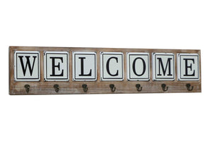 Welcome wooden sign with wall hooks.   45” wide