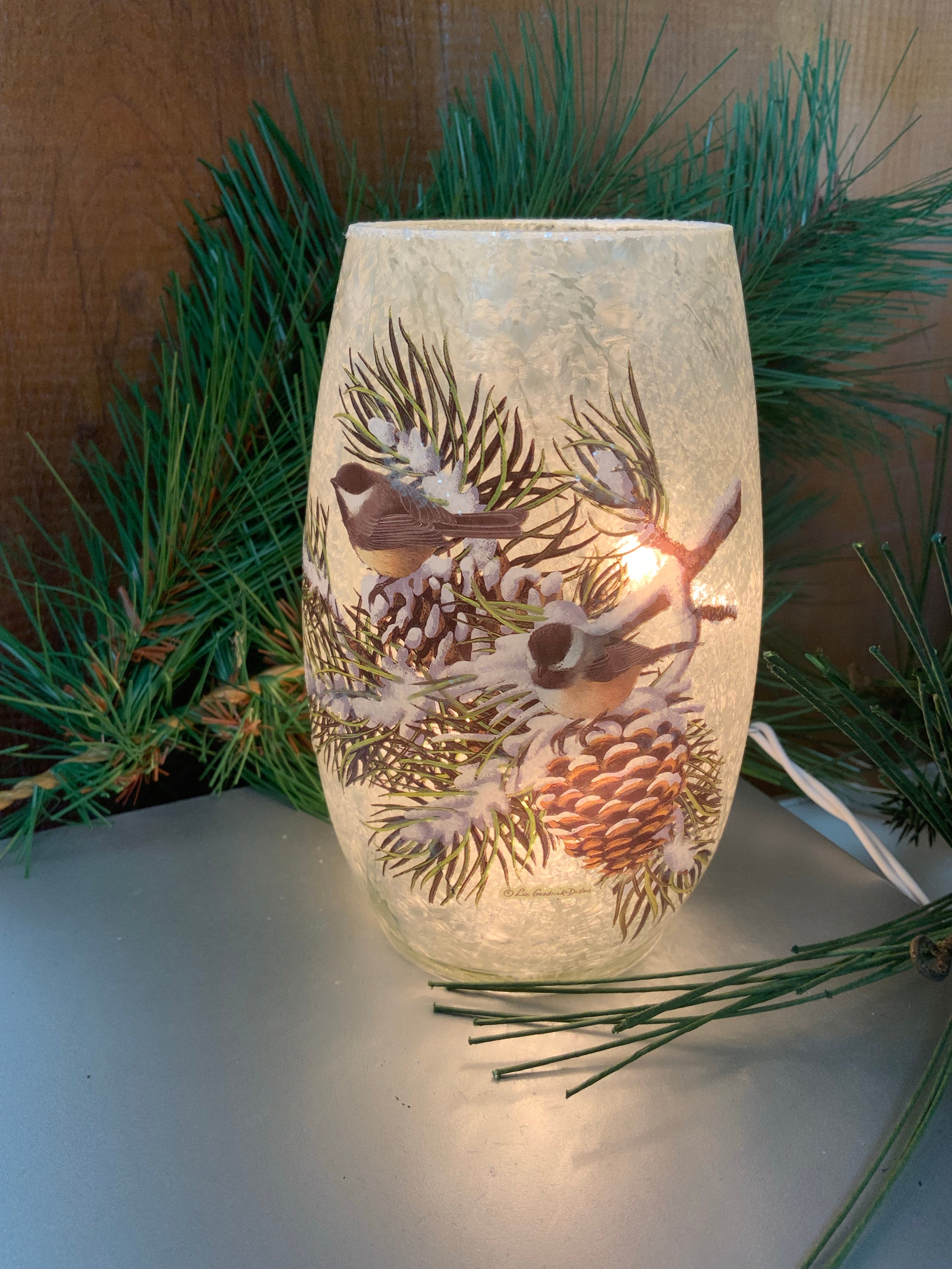 Chickadee with Pine Light Up Vase